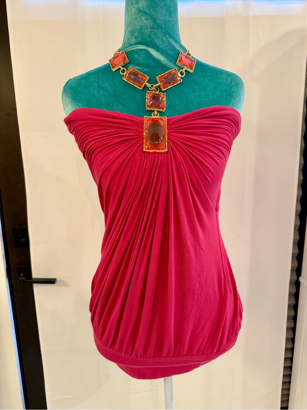 SKY brand Strapless Ruched Fuchsia Jewel Necklace Mini Dress
